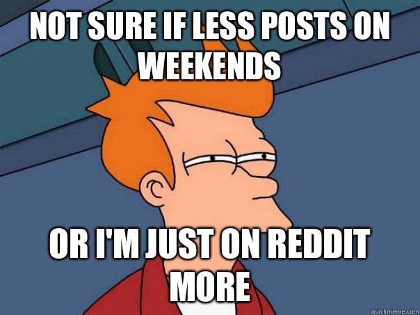 Not sure if less posts on weekends Or i'm just on reddit more  Futurama Fry