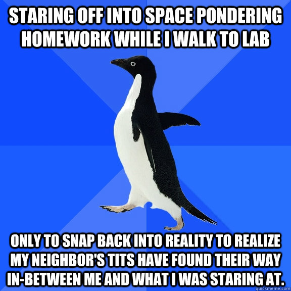 staring off into space pondering homework while I walk to lab only to snap back into reality to realize my neighbor's tits have found their way in-between me and what I was staring at.   Socially Awkward Penguin