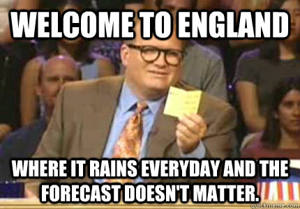 WELCOME TO ENGLAND Where it rains everyday and the forecast doesn't matter.  Whose Line