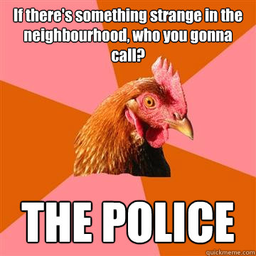 If there's something strange in the neighbourhood, who you gonna call? THE POLICE  Anti-Joke Chicken