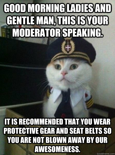 Good morning Ladies and Gentle man, this is your Moderator Speaking. It is recommended that you wear protective gear and seat belts so you are not blown away by our awesomeness.  Captain kitteh