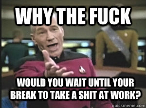 Why the fuck would you wait until your break to take a shit at work?  Annoyed Picard