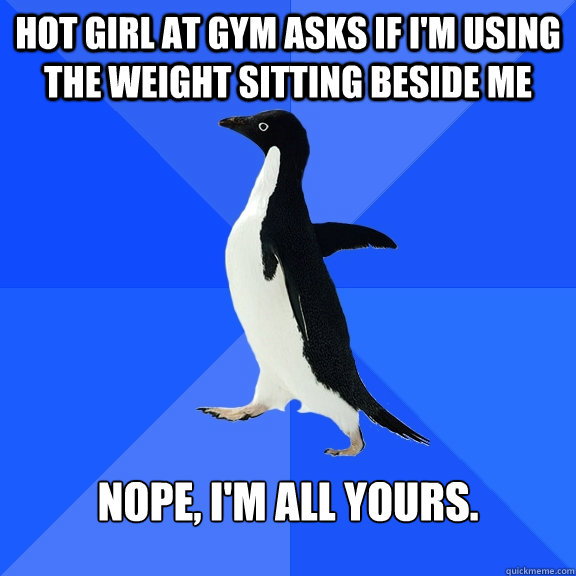 Hot girl at gym asks if I'm using the weight sitting beside me Nope, I'm all yours.  Socially Awkward Penguin