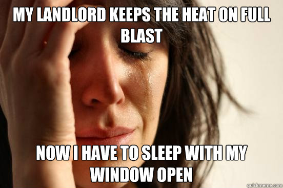 my landlord keeps the heat on full blast now i have to sleep with my window open  First World Problems