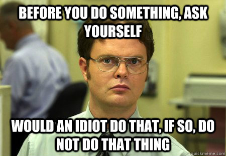 before you do something, ask yourself would an idiot do that, if so, do not do that thing - before you do something, ask yourself would an idiot do that, if so, do not do that thing  Dwight