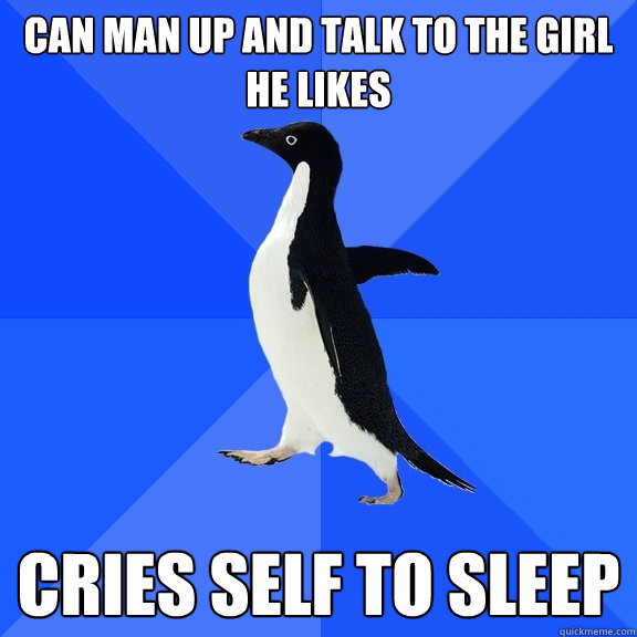 can man up and talk to the girl he likes Cries self to sleep  Socially Awkward Penguin