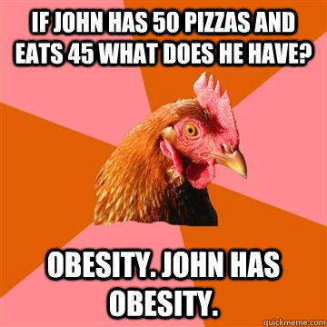 If john has 50 pizzas and eats 45 what does he have? obesity. john has obesity.  Anti-Joke Chicken