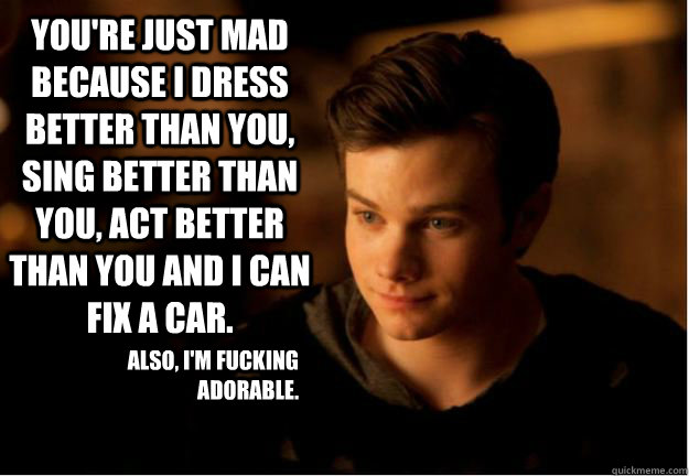 You're just mad because I dress better than you, sing better than you, act better than you and I can fix a car. Also, I'm fucking adorable.  Kurt Hummel