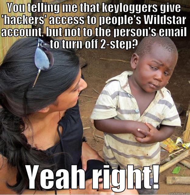 YOU TELLING ME THAT KEYLOGGERS GIVE 'HACKERS' ACCESS TO PEOPLE'S WILDSTAR ACCOUNT, BUT NOT TO THE PERSON'S EMAIL TO TURN OFF 2-STEP? YEAH RIGHT! Skeptical Third World Kid