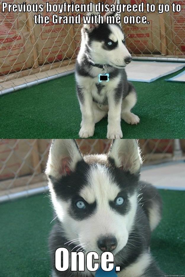 PREVIOUS BOYFRIEND DISAGREED TO GO TO THE GRAND WITH ME ONCE. ONCE.  Insanity puppy