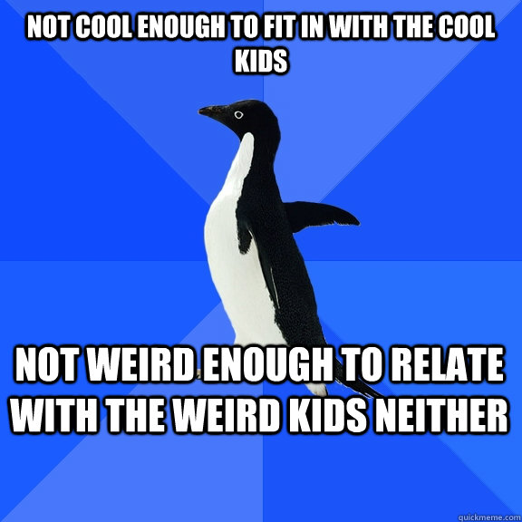 Not cool enough to fit in with the cool kids not weird enough to relate with the weird kids neither  Socially Awkward Penguin