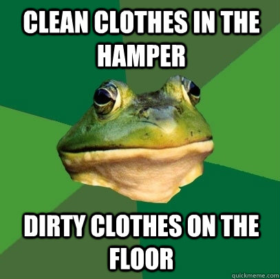 Clean Clothes in the hamper dirty clothes on the floor  Foul Bachelor Frog