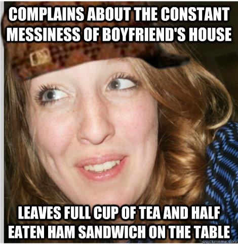 complains about the constant messiness of boyfriend's house leaves full cup of tea and half eaten ham sandwich on the table  - complains about the constant messiness of boyfriend's house leaves full cup of tea and half eaten ham sandwich on the table   Scumbag Critical Girlfriend