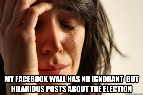  My facebook wall has no ignorant  but hilarious posts about the election  First World Problems
