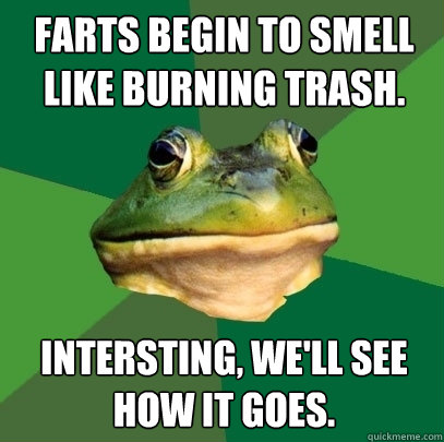 farts begin to smell like burning trash. intersting, we'll see how it goes.  Foul Bachelor Frog