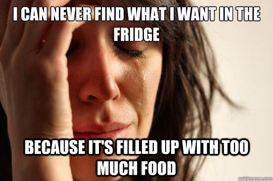 i can never find what i want in the fridge  because it's filled up with too much food  First World Problems