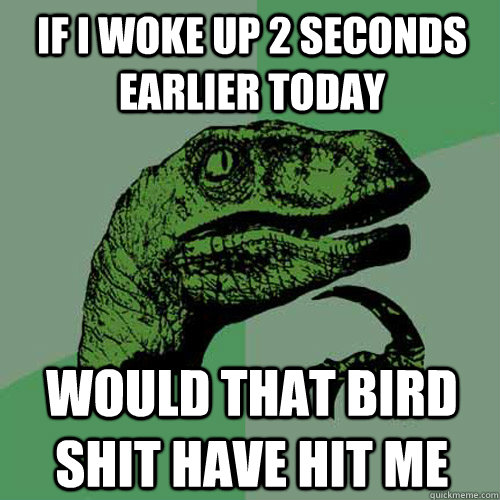If I woke up 2 seconds earlier today Would that bird shit have hit me  Philosoraptor