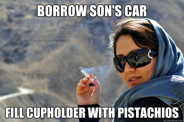 borrow son's car fill cupholder with pistachios  