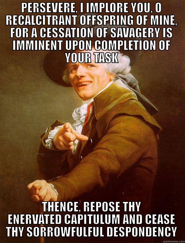 PERSEVERE, I IMPLORE YOU, O RECALCITRANT OFFSPRING OF MINE, FOR A CESSATION OF SAVAGERY IS IMMINENT UPON COMPLETION OF YOUR TASK THENCE, REPOSE THY ENERVATED CAPITULUM AND CEASE THY SORROWFULFUL DESPONDENCY Joseph Ducreux