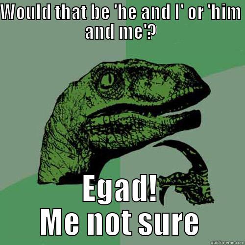 Use the nominative when needed - WOULD THAT BE 'HE AND I' OR 'HIM AND ME'? EGAD! ME NOT SURE Philosoraptor
