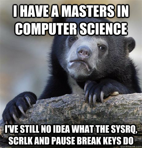 I have a masters in computer science I've still no idea what the SysRq, ScrLk and Pause Break keys do  Confession Bear