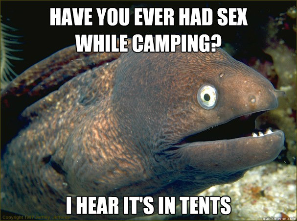 Have you ever had sex
while camping? I hear it's in tents - Have you ever had sex
while camping? I hear it's in tents  Bad Joke Eel