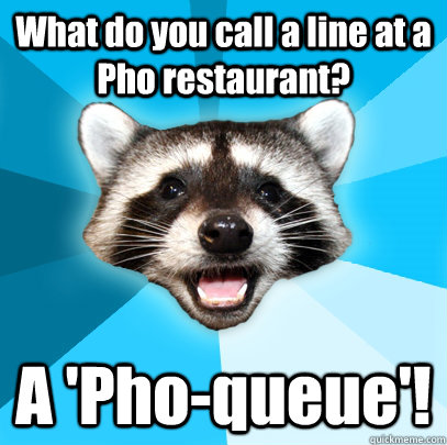 What do you call a line at a Pho restaurant? A 'Pho-queue'! - What do you call a line at a Pho restaurant? A 'Pho-queue'!  Lame Pun Coon