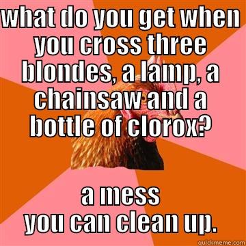 what do you get when - WHAT DO YOU GET WHEN YOU CROSS THREE BLONDES, A LAMP, A CHAINSAW AND A BOTTLE OF CLOROX? A MESS YOU CAN CLEAN UP. Anti-Joke Chicken