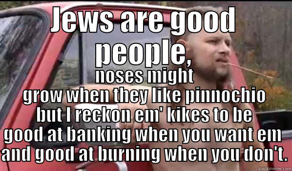 JEWS ARE GOOD PEOPLE, NOSES MIGHT GROW WHEN THEY LIKE PINNOCHIO BUT I RECKON EM' KIKES TO BE GOOD AT BANKING WHEN YOU WANT EM  AND GOOD AT BURNING WHEN YOU DON'T. Almost Politically Correct Redneck