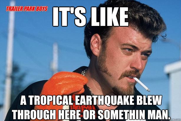 It's Like A tropical earthquake blew through here or somethin man.  Ricky Trailer Park Boys