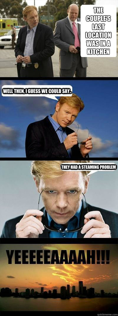 The couple's last location was in a kitchen Well then, I guess we could say.. they had a steaming problem  Horatio Caine