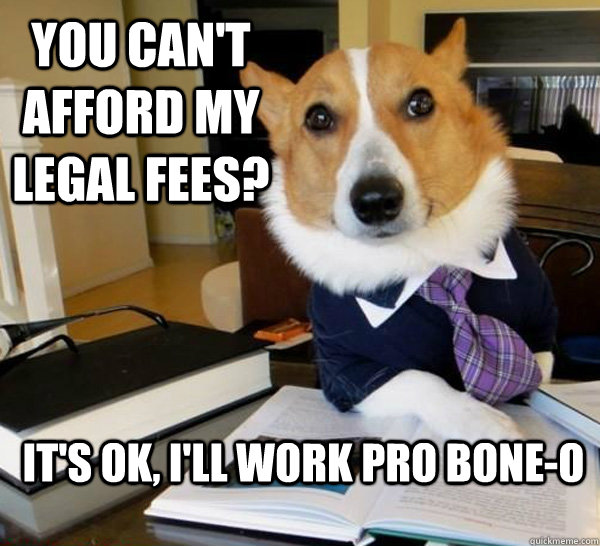 You can't afford my legal fees? It's OK, I'll work Pro bone-o - You can't afford my legal fees? It's OK, I'll work Pro bone-o  Lawyer Dog