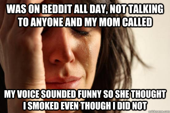 Was on reddit all day, not talking to anyone and my mom called My voice sounded funny so she thought I smoked even though I did not - Was on reddit all day, not talking to anyone and my mom called My voice sounded funny so she thought I smoked even though I did not  First World Problems