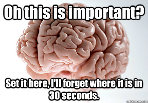 Oh this is important? Set it here, I'll forget where it is in 30 seconds.  - Oh this is important? Set it here, I'll forget where it is in 30 seconds.   Scumbag Brain