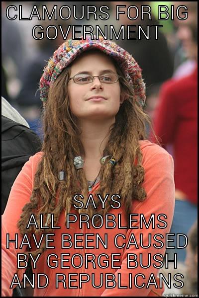 CLAMOURS FOR BIG GOVERNMENT SAYS ALL PROBLEMS HAVE BEEN CAUSED BY GEORGE BUSH AND REPUBLICANS College Liberal