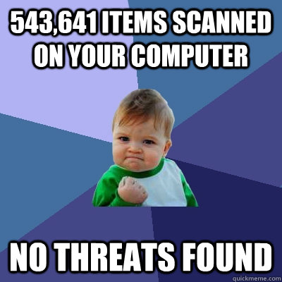 543,641 items scanned on your computer No threats found  Success Kid