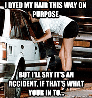 I dyed my hair this way on purpose But I'll say it's an accident, if that's what your in to...  Karma Whore