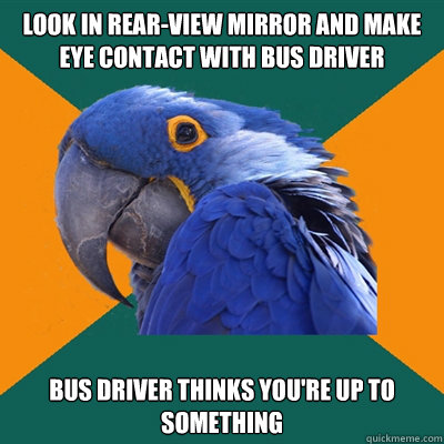 look in rear-view mirror and make eye contact with bus driver bus driver thinks you're up to something  Paranoid Parrot
