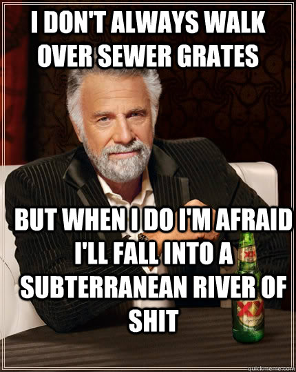 I don't always walk over sewer grates but when i do I'm afraid I'll fall into a subterranean river of shit  The Most Interesting Man In The World