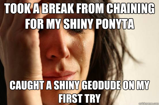 Took a break from chaining for my shiny ponyta Caught a shiny geodude on my first try  First World Problems