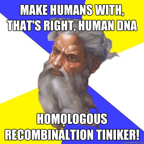 Make humans with, that's right, human DNA Homologous Recombinaltion Tiniker! - Make humans with, that's right, human DNA Homologous Recombinaltion Tiniker!  Advice God
