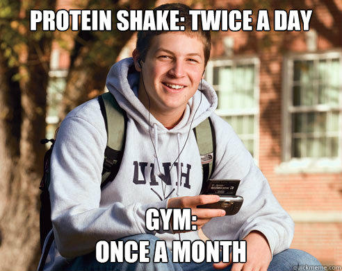 Protein shake: twice a day Gym:
Once a month - Protein shake: twice a day Gym:
Once a month  College Freshman