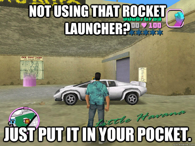 Not using that rocket launcher? Just put it in your pocket.  GTA LOGIC