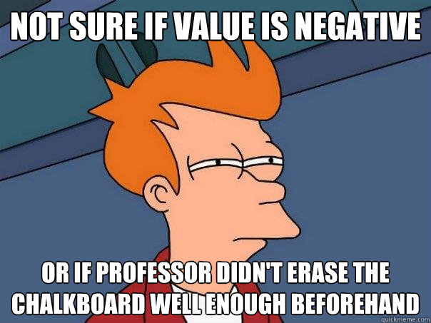 Not sure if value is negative Or if professor didn't erase the chalkboard well enough beforehand - Not sure if value is negative Or if professor didn't erase the chalkboard well enough beforehand  Futurama Fry