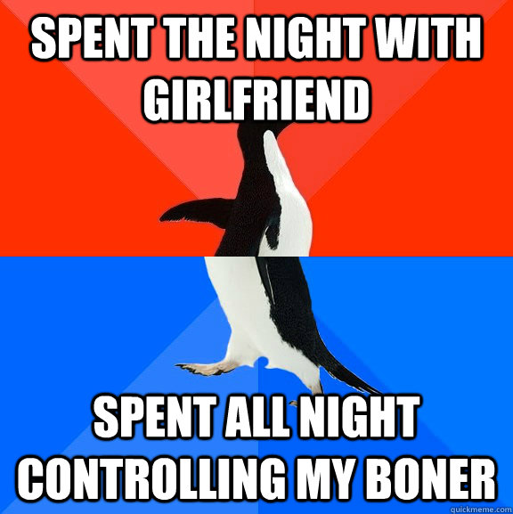 spent the night with girlfriend Spent all night controlling my boner  Socially Awesome Awkward Penguin