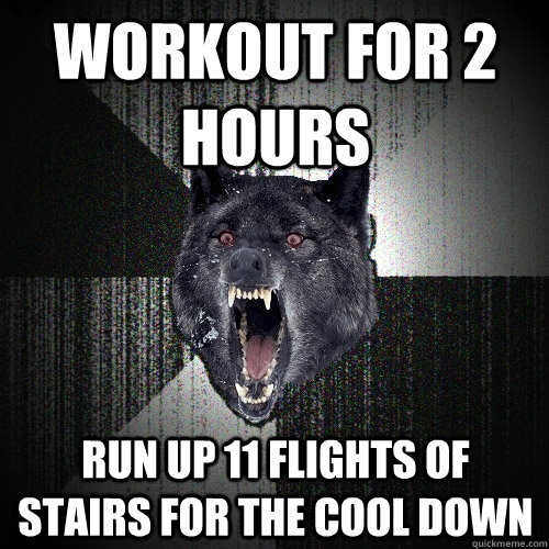 Workout for 2 hours Run up 11 flights of stairs for the cool down  Insanity Wolf