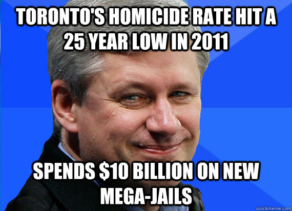 Toronto's homicide rate hit a 25 year low in 2011 Spends $10 billion on new mega-jails - Toronto's homicide rate hit a 25 year low in 2011 Spends $10 billion on new mega-jails  Scumbag harper