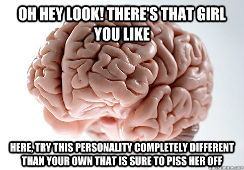 Oh hey look! there's that girl you like Here, try this personality completely different than your own that is sure to piss her off  Scumbag Brain