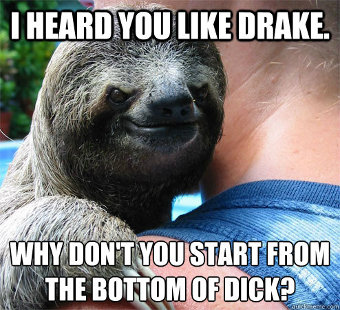 I heard you like Drake. Why don't you start from the bottom of dick?
 - I heard you like Drake. Why don't you start from the bottom of dick?
  Suspiciously Evil Sloth