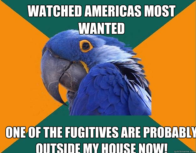 watched americas most wanted one of the fugitives are probably  outside my house now!  Paranoid Parrot